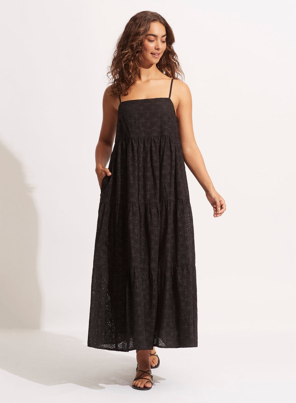 Broderie Anglaise Tiered Tie-Back Maxi Dress by Sea Folly