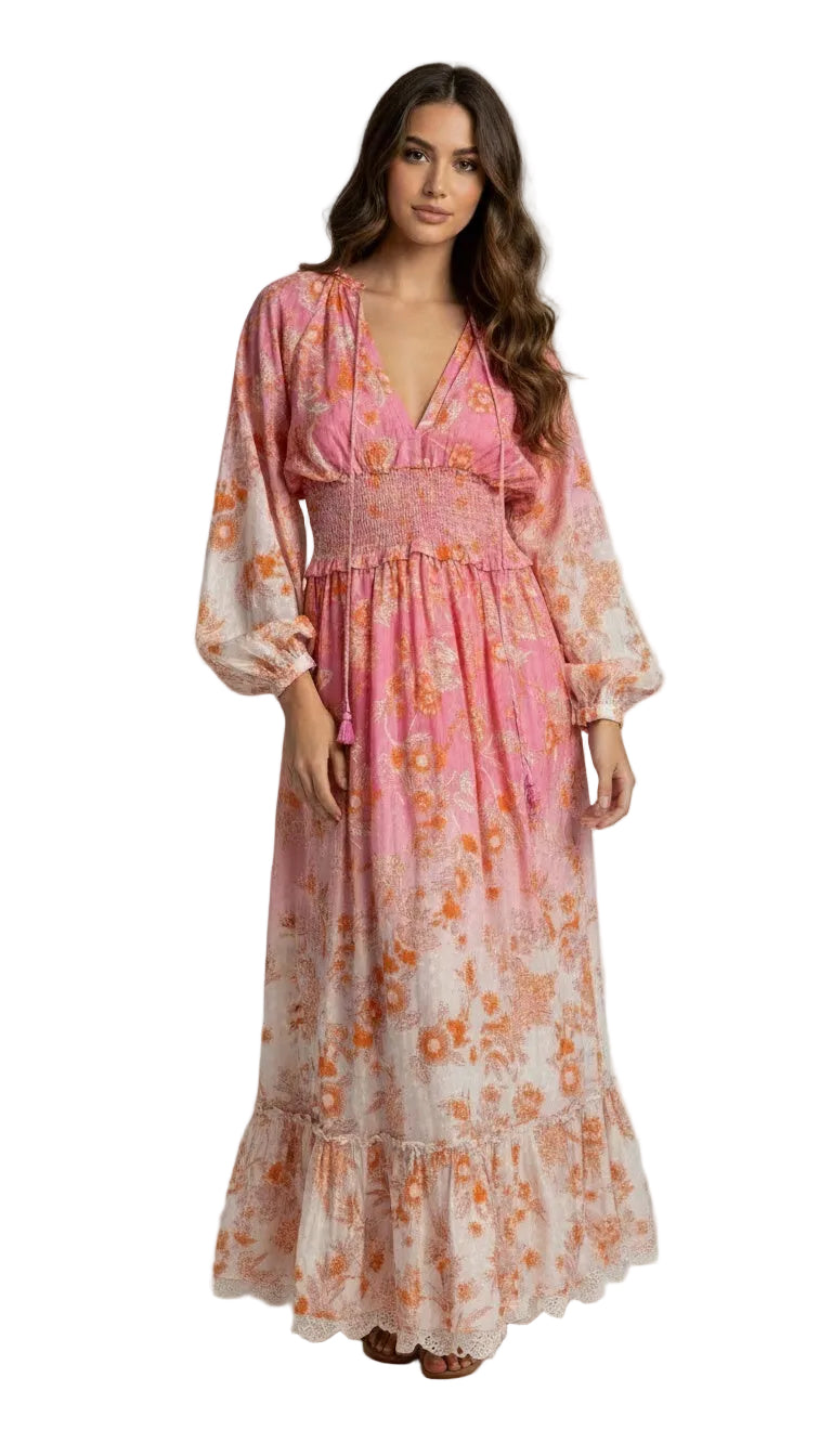 Hemant & Nadita Sudra Long Sleeve Maxi Dress in Florals Sz S