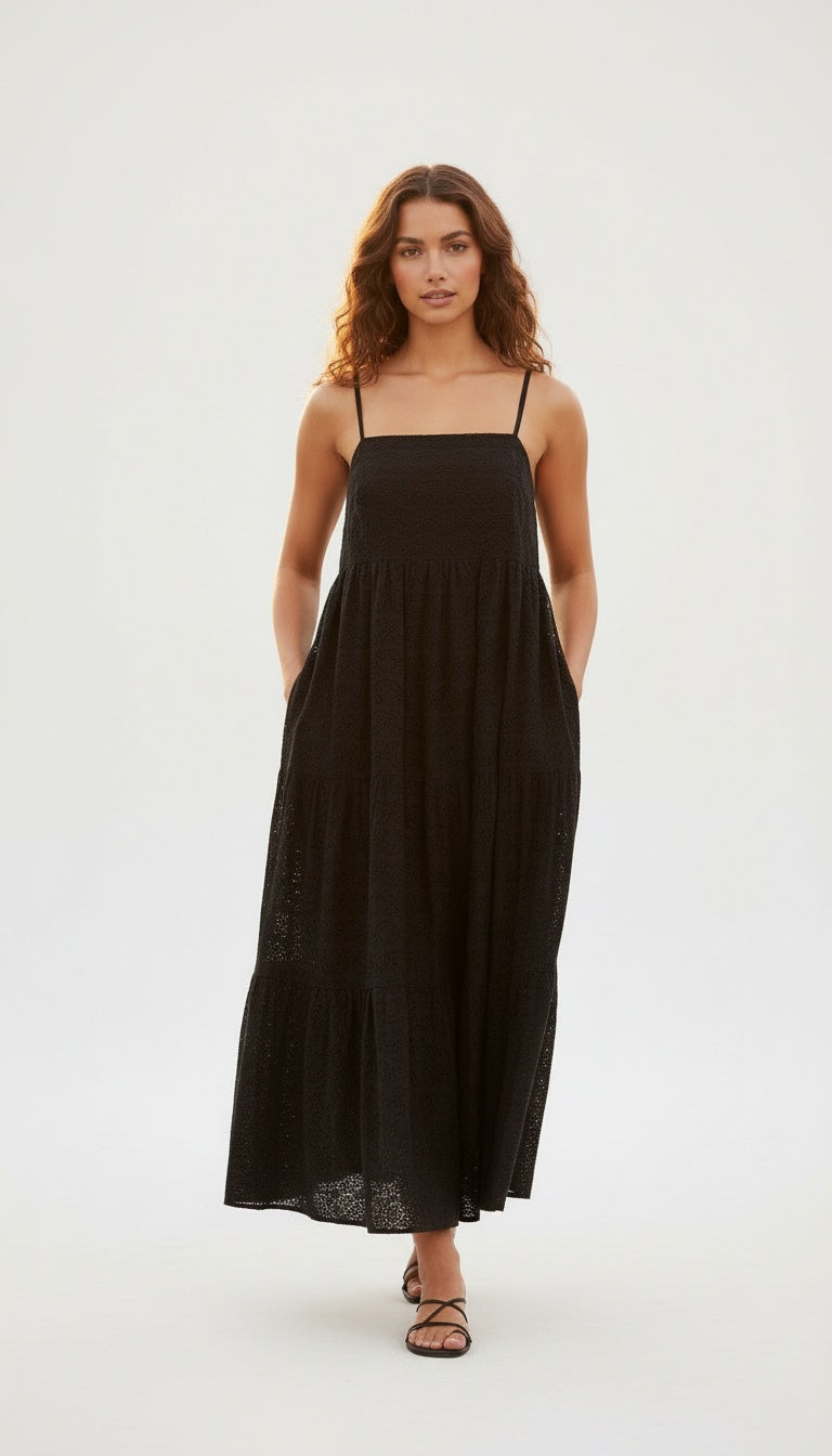 Broderie Anglaise Tiered Tie-Back Maxi Dress by Sea Folly