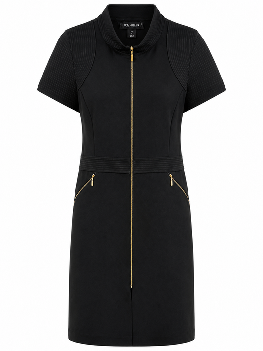 ST. JOHN COLLECTION ZIP FRONT MAROCAIN CREPE DRESS SIZE 16 BLACK 16