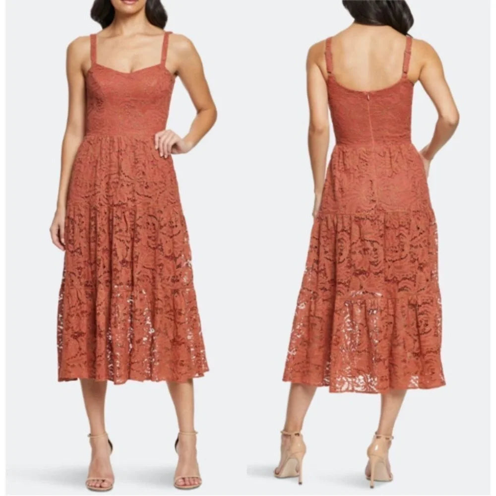 DRESS THE POPULATION JENNIFER LACE MIDI RUST LARGE