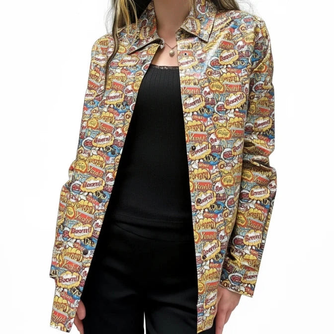 Italian Leather Comic Pattern Italian Leather Jacket (XS & S)