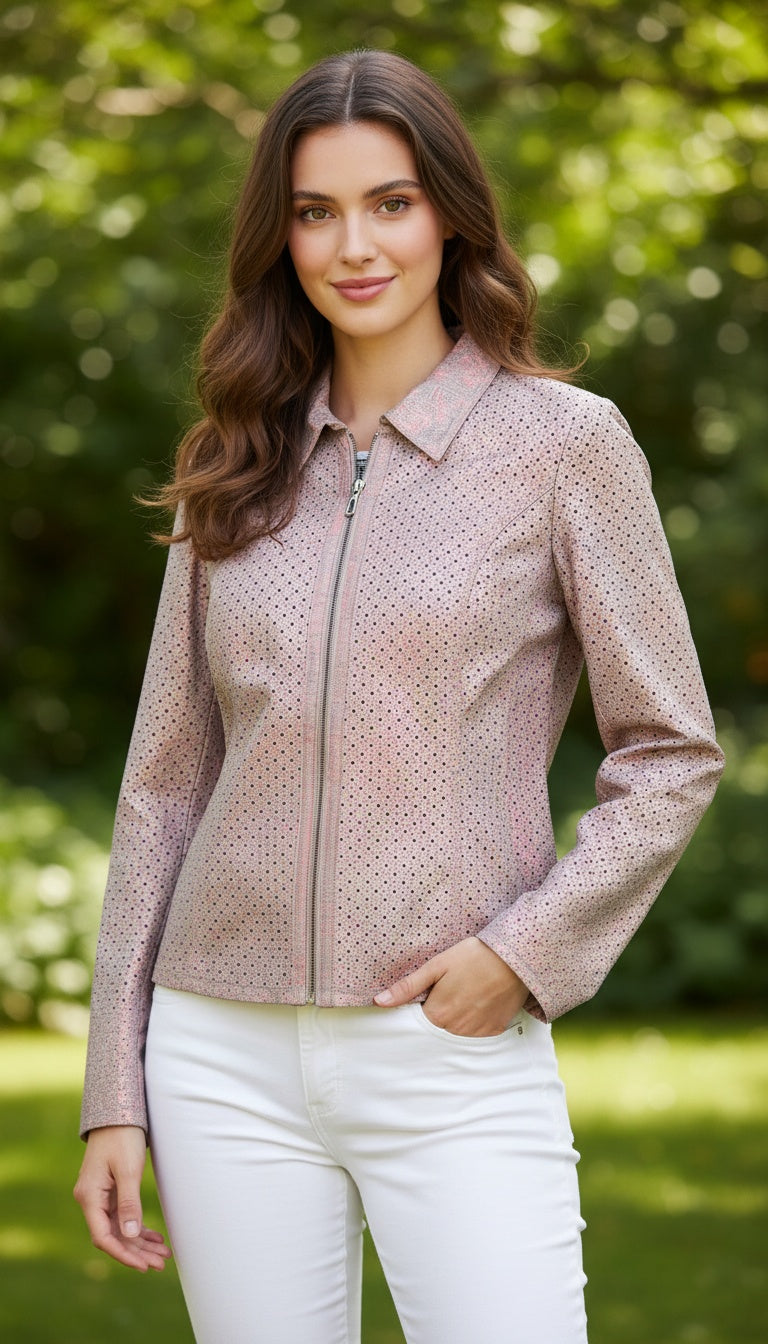 Iridescent Pink Italian Leather Jacket with Micro Star Cutouts