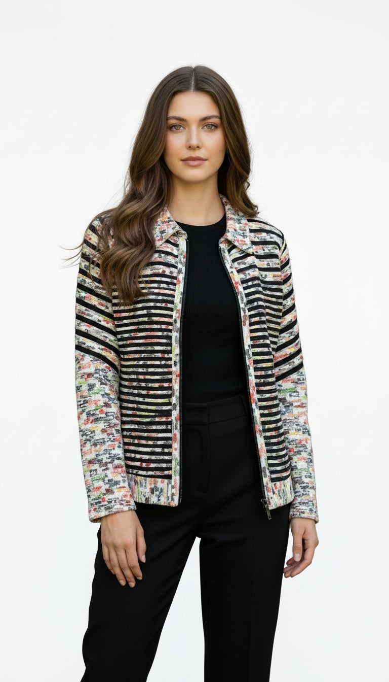 Italian Leather Jacket with See-Through Nylon Stripes