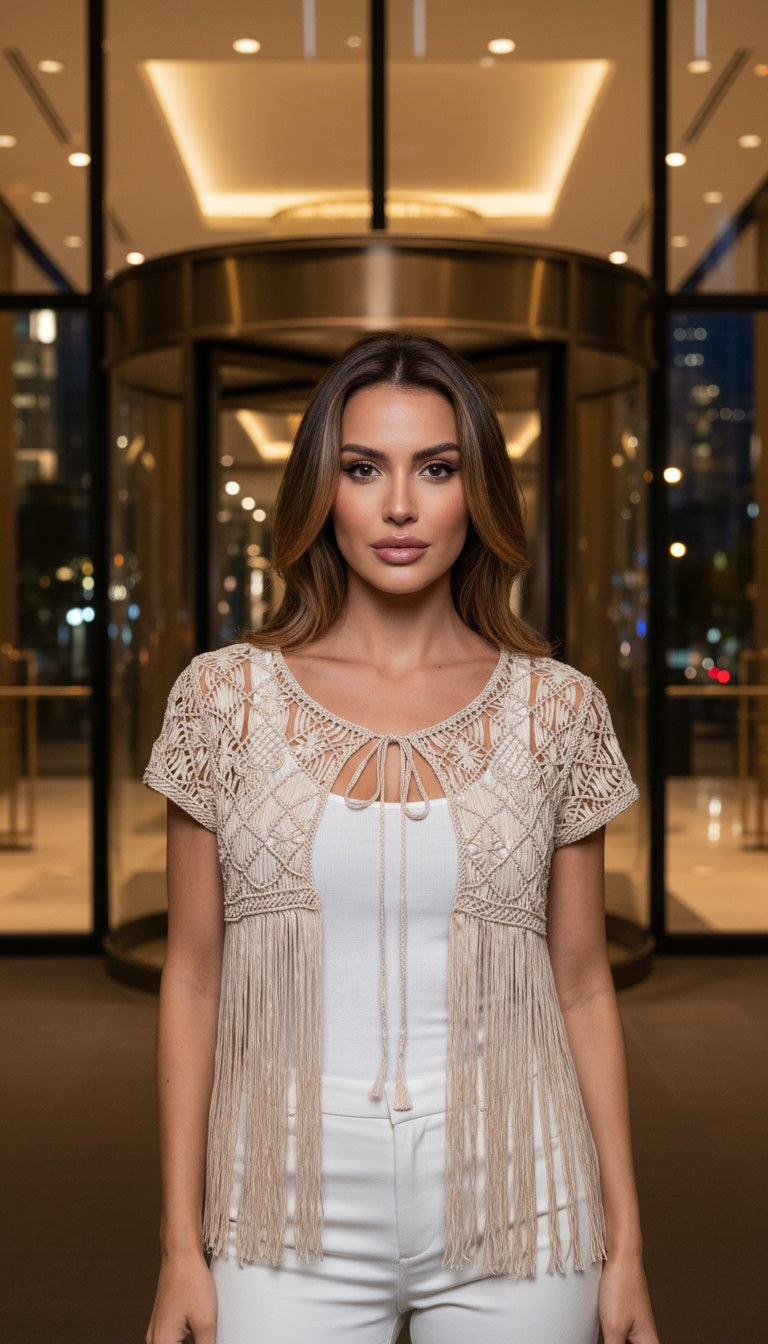 Beige Macrame-Style Vest with Short Sleeves and Long Fringe Detailing
