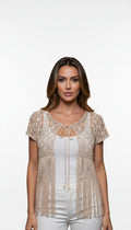 Beige Macrame-Style Vest with Short Sleeves and Long Fringe Detailing