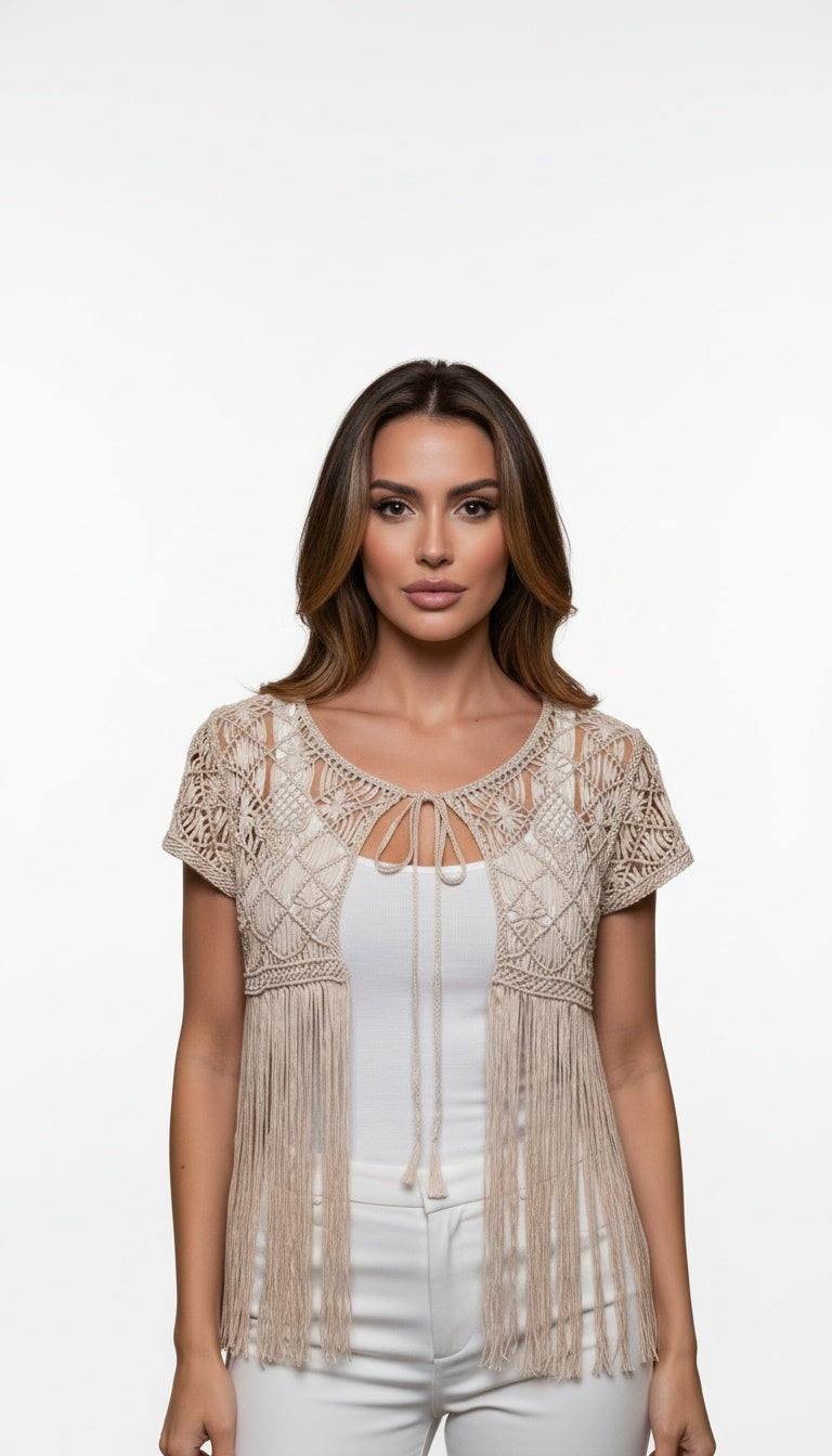 Beige Macrame-Style Vest with Short Sleeves and Long Fringe Detailing