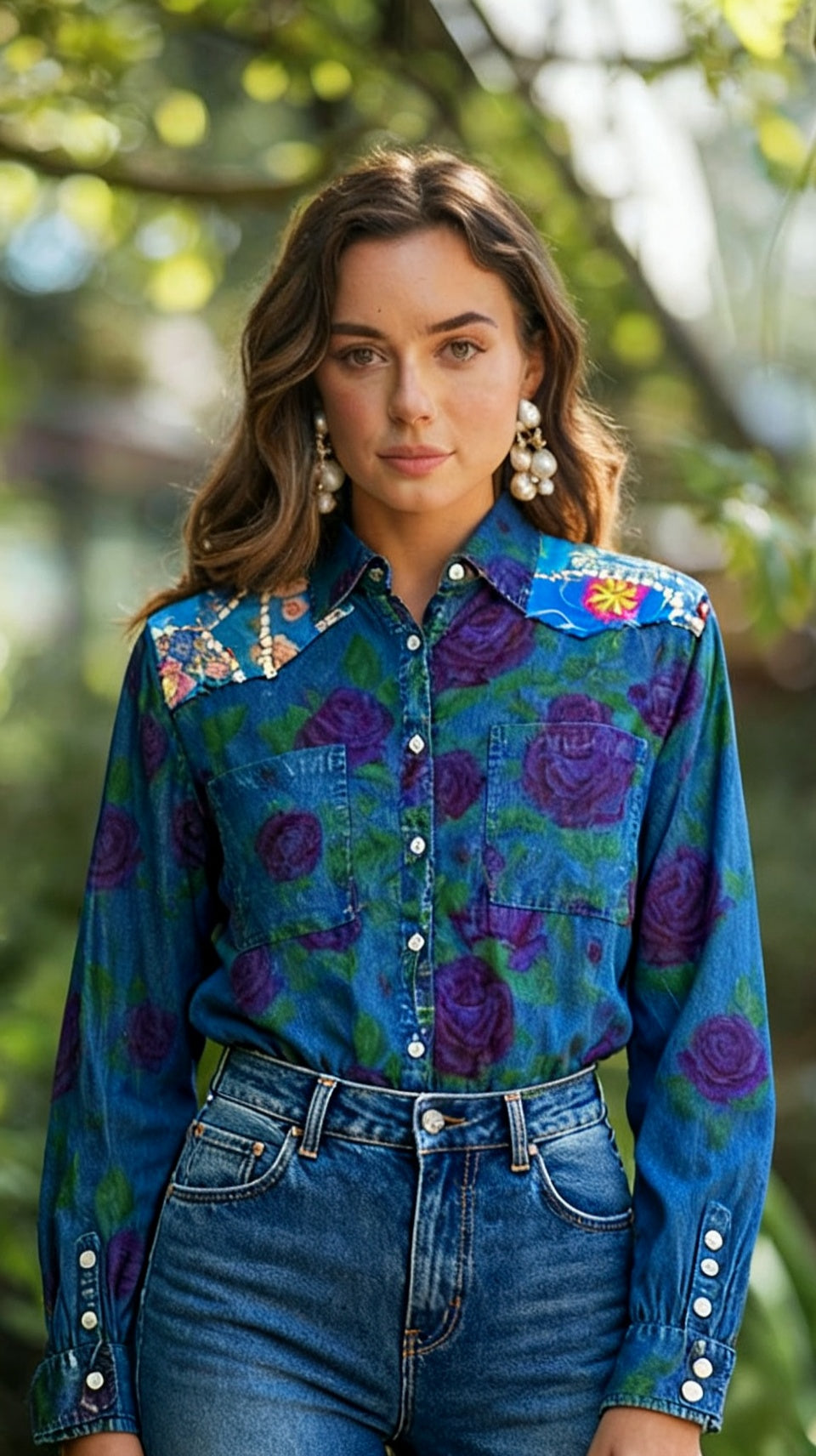 Blue Button-down Shirt with Purple Roses and contrasting Floral Patches on the Shoulders