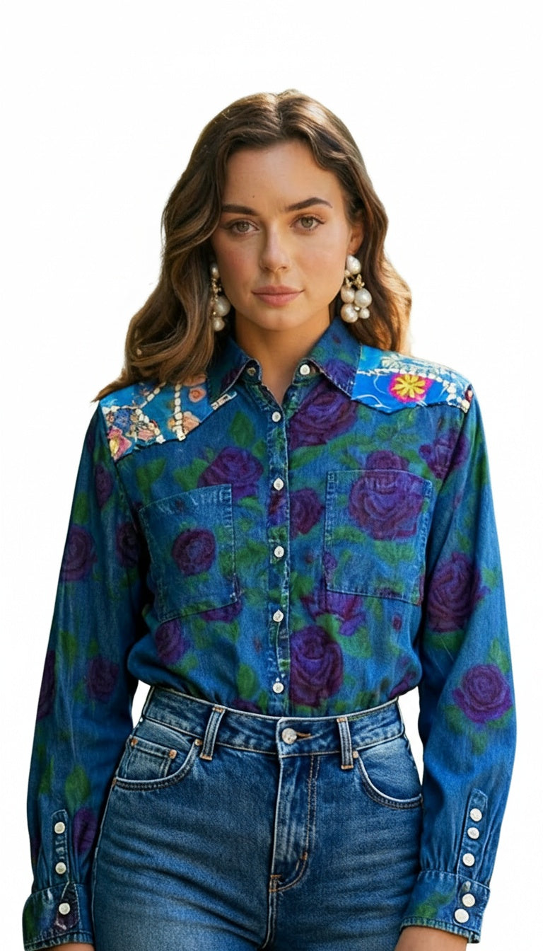 Blue Button-down Shirt with Purple Roses and contrasting Floral Patches on the Shoulders