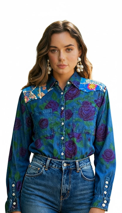 Blue Button-down Shirt with Purple Roses and contrasting Floral Patches on the Shoulders