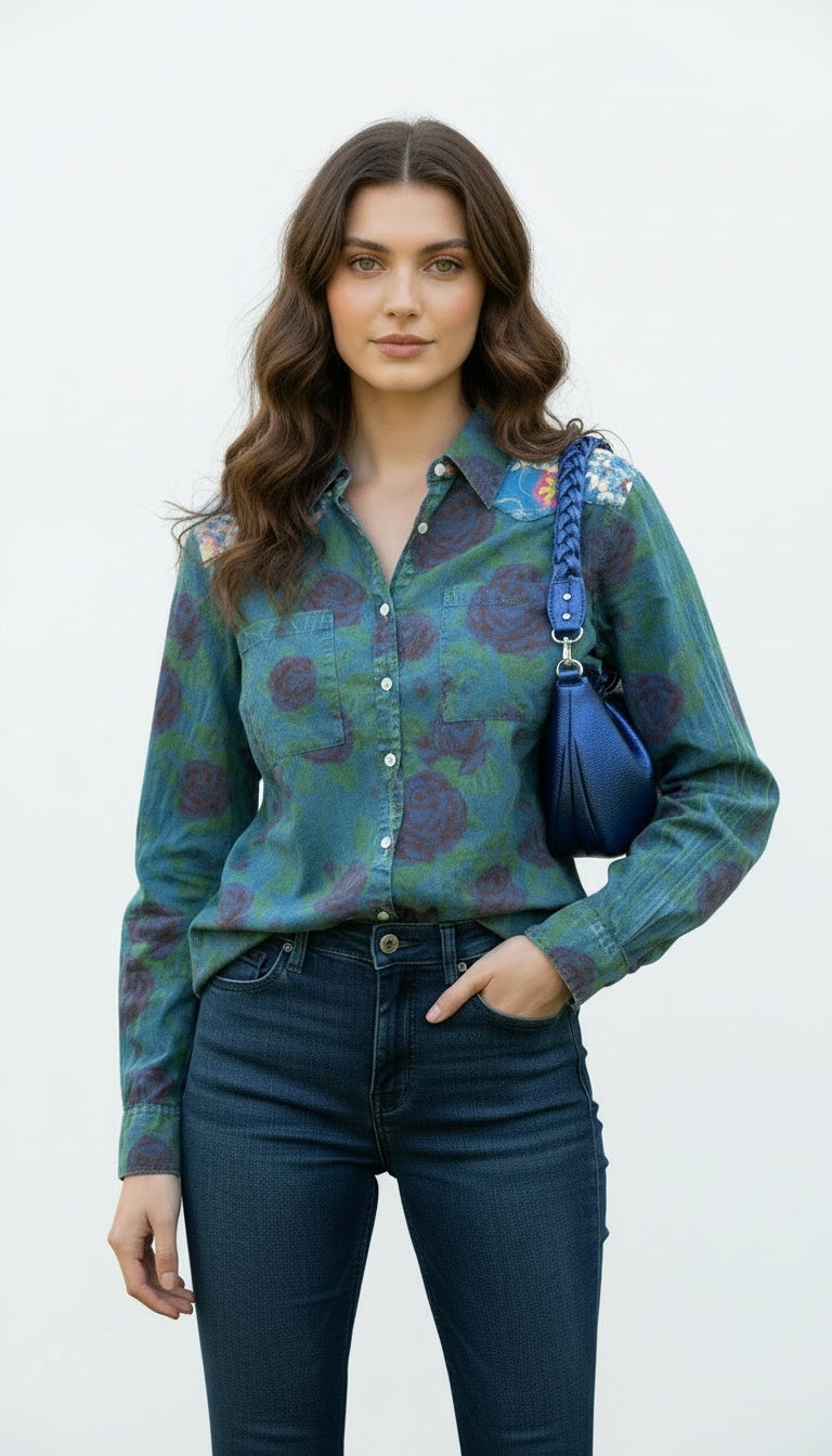 Blue Button-down Shirt with Purple Roses and contrasting Floral Patches on the Shoulders