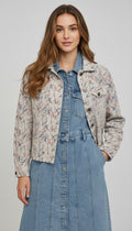 Blue Denim Dress with a patterned Waist Length Patterned Jacket