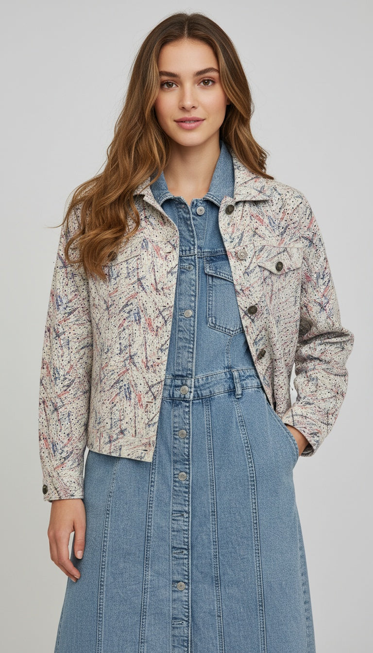 Blue Denim Dress with a patterned Waist Length Patterned Jacket