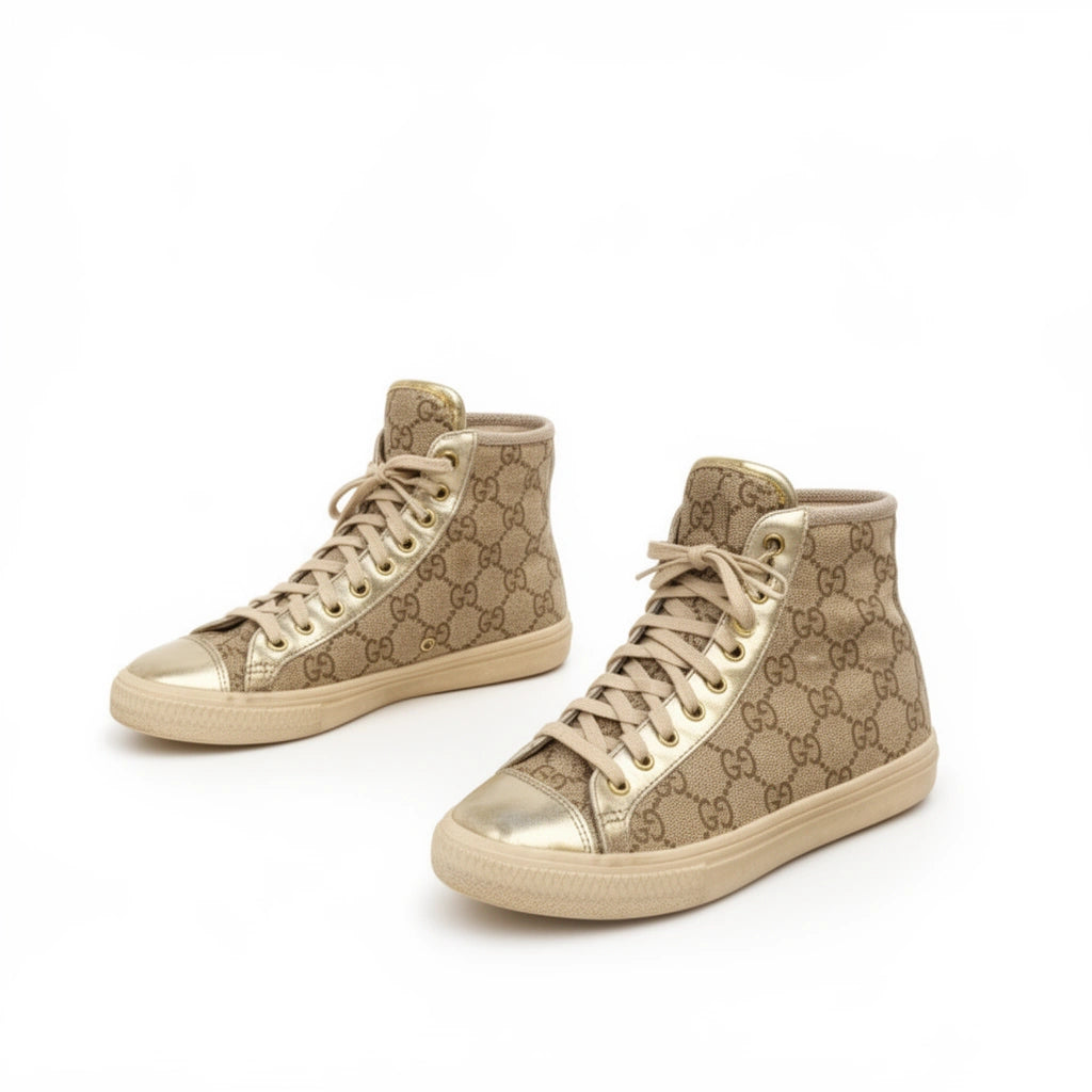 Gold Toe Gucci Brooklyn Monogram Canvas High Top Sneakers