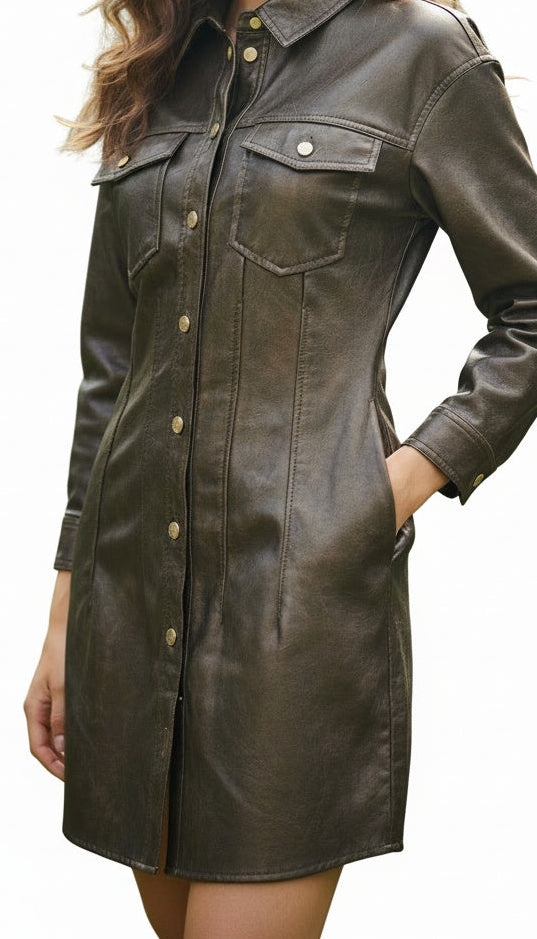 Limited Edition Brown Faux leather button-down mini dress from Zara