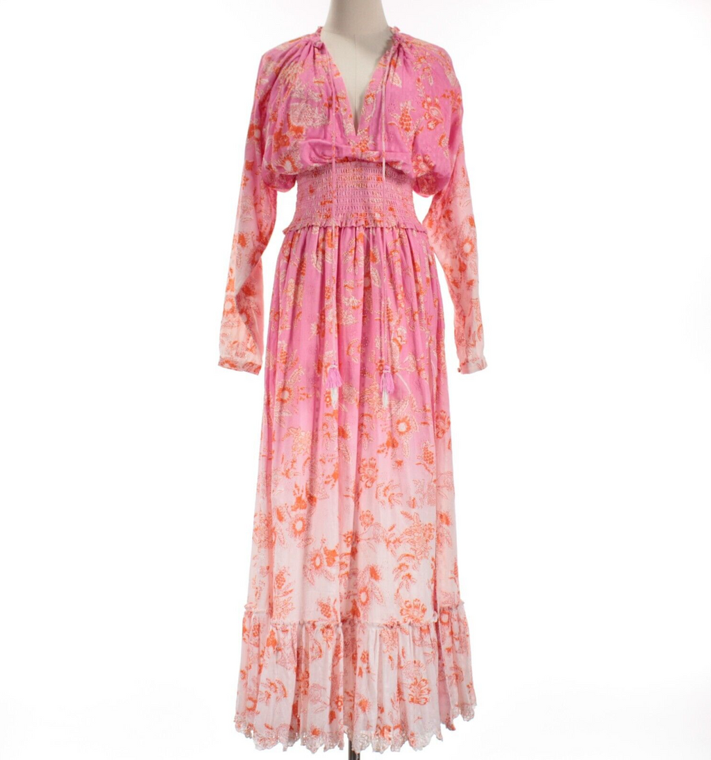 Hemant & Nadita Sudra Long Sleeve Maxi Dress in Florals Sz S